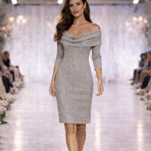 Nina Leonard Silver Metallic Glitter Cocktail Dress Off Shoulder Ribbed Knit M